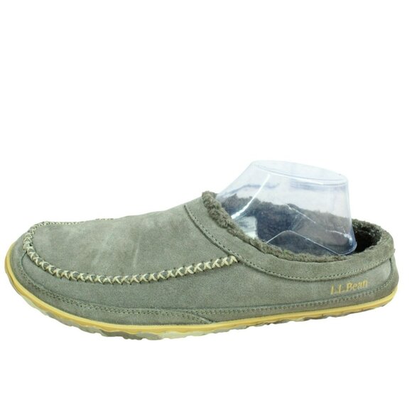 LL Bean Gray Suede Fleece Lined Nonslip Mountain Slipper Scuffs Size 12 M - Picture 1 of 9